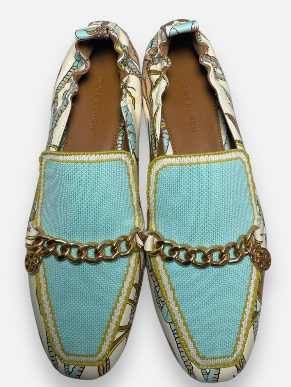 Tory Burch Sienna Chain-Trim Aqua and Cream Loafers NWOT